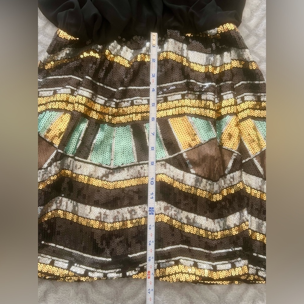 Luxology Sequin Dress Black Gold Sheer Top Size M - Picture 7 of 8